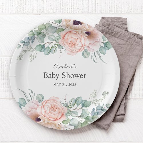 Pink and Beige Watercolor Floral Baby Shower Paper Plates