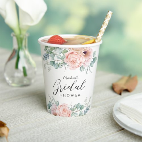 Pink and Beige Watercolor Floral Bridal Shower Paper Cups