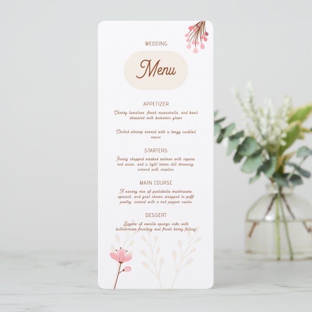 Pink and beige wedding menu wild flowers (Standing Front)