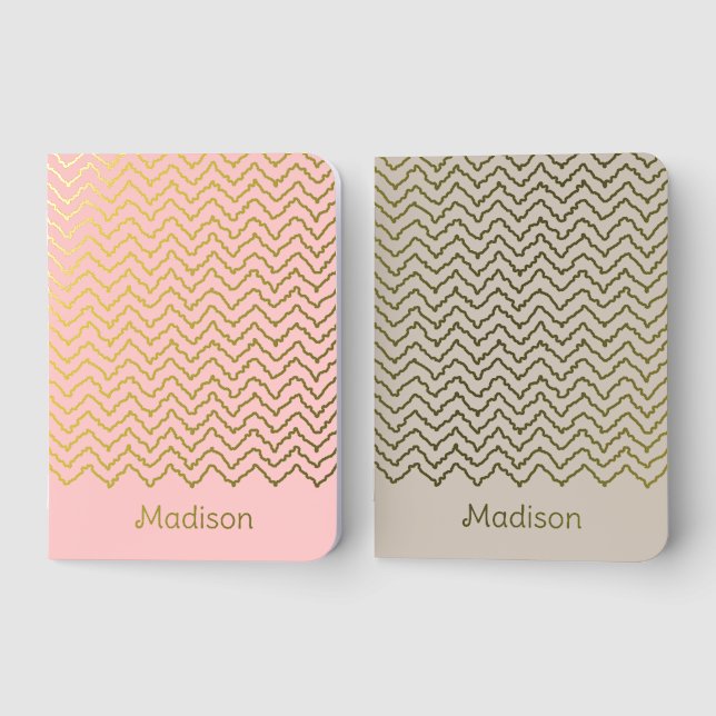 Pink And Beige Zigzag Chevron Real Foil Notebooks (Front)