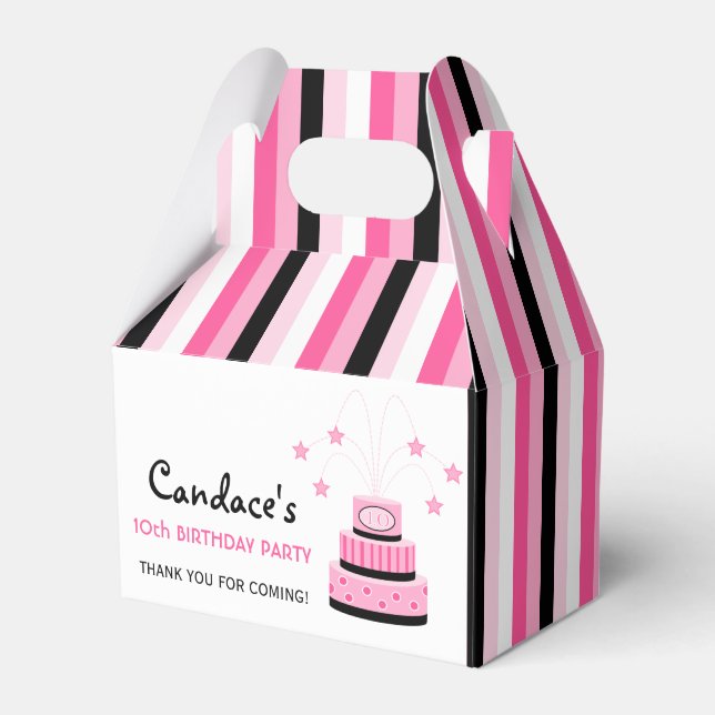 Pink and Black 10th Birthday Cake Party Favor Box (Front Side)
