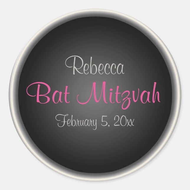 Pink and Black 1.5" Round Bat Mitzvah Sticker (Front)