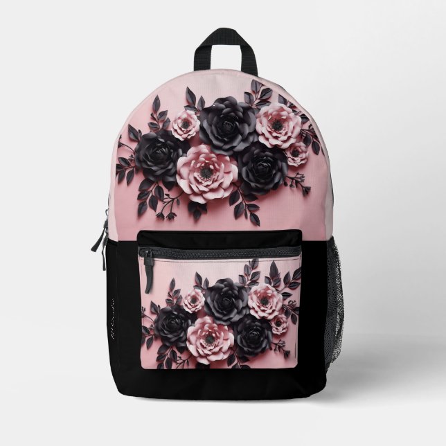 Pink And Black 3D Roses Printed Backpack (Front)