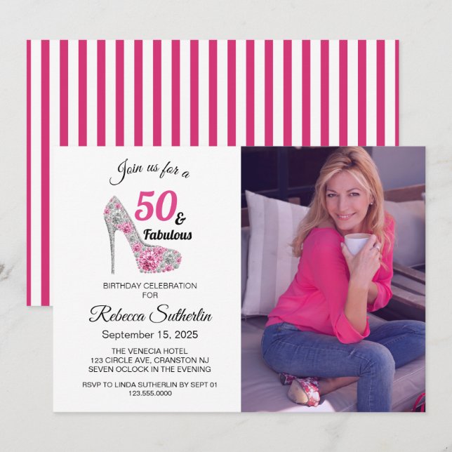 Pink and Black 50 and Fabulous Birthday Party Invitation (Front/Back)