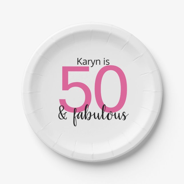 Pink and Black 50 and Fabulous Woman's Birthday Paper Plates (Front)