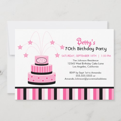 Pink and Black 70th Birthday Cake Party Invitation