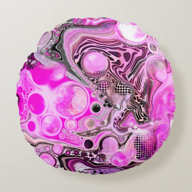 Pink and Black Abstract Fluid Art  Round Pillow (Front)