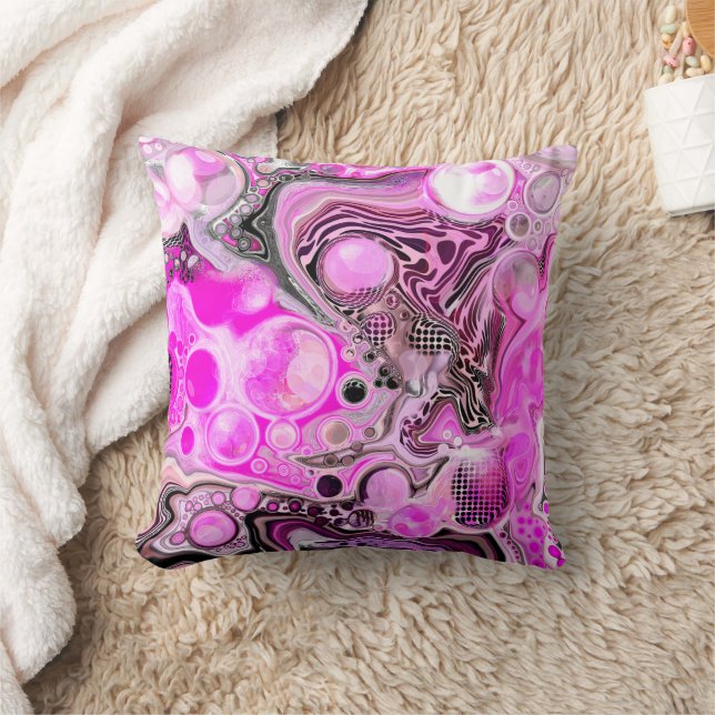 Pink and Black Abstract Fluid Art Throw Pillow (Blanket)