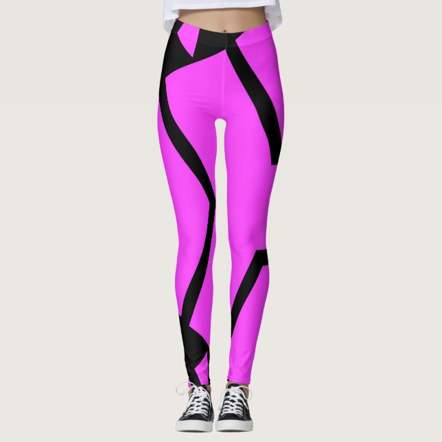 Pink and Black Abstract Lines Art Leggings (Front)
