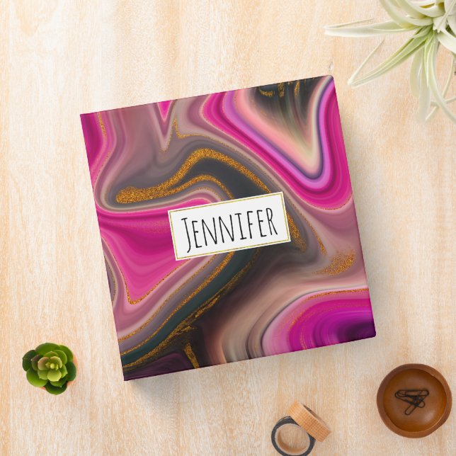 Pink and Black Abstract with Gold Swirls 3 Ring Binder (In Situ)