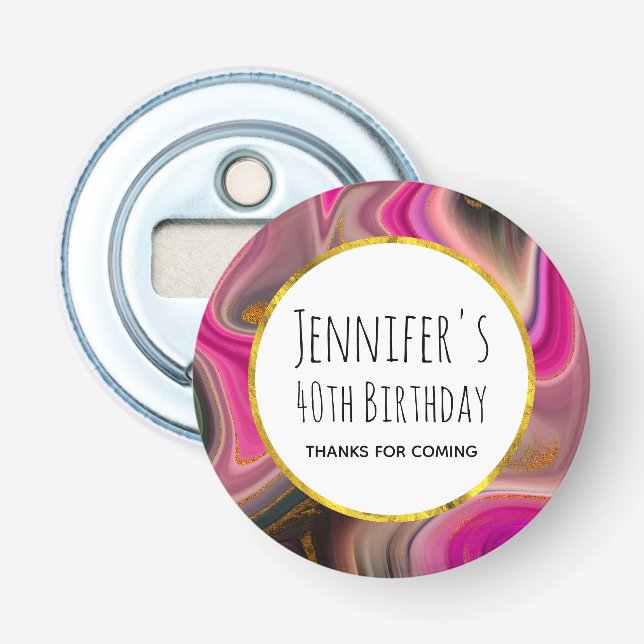 Pink and Black Abstract with Gold Swirls Birthday Bottle Opener (Front)