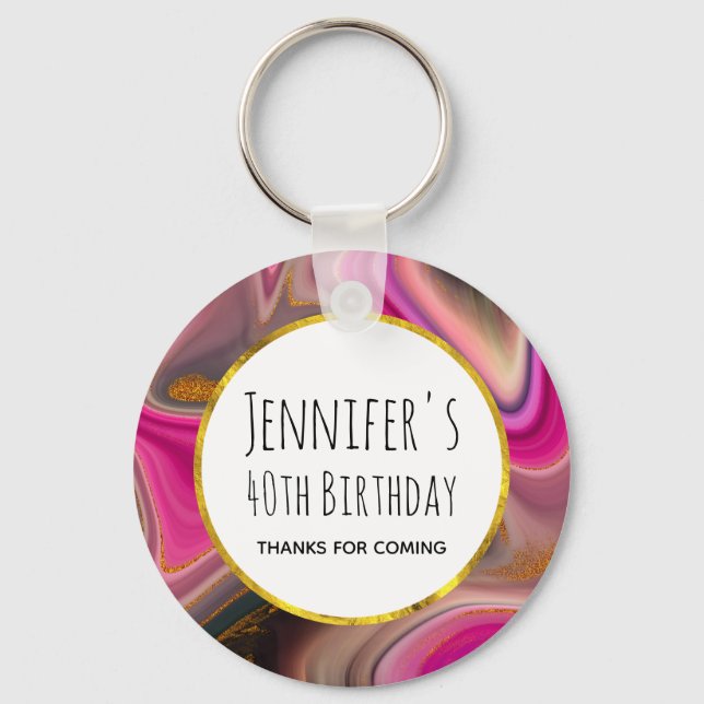 Pink and Black Abstract with Gold Swirls Birthday Keychain (Front)