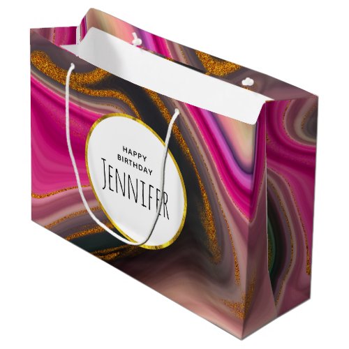 Pink and Black Abstract with Gold Swirls Birthday Large Gift Bag