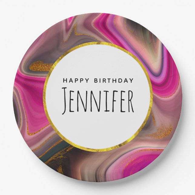 Pink and Black Abstract with Gold Swirls Birthday Paper Plates (Front)