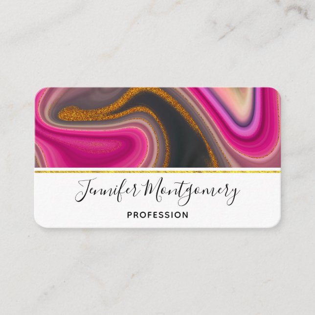 Pink and Black Abstract with Gold Swirls  Business Business Card (Front)