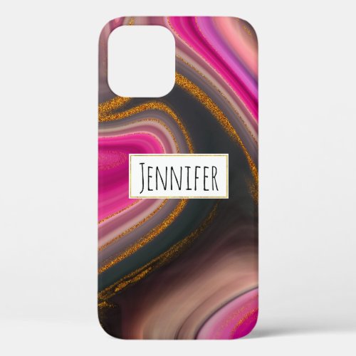 Pink and Black Abstract with Gold Swirls  iPhone 12 Case