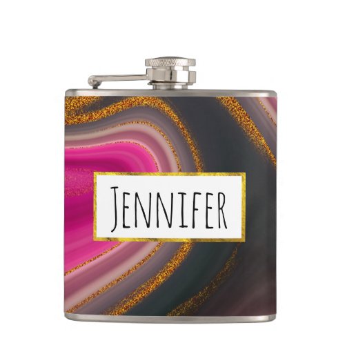  Pink and Black Abstract with Gold Swirls  Flask