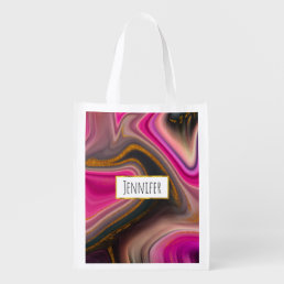 Pink and Black Abstract with Gold Swirls Grocery B Grocery Bag