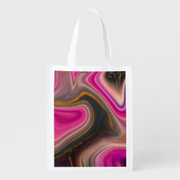 Pink and Black Abstract with Gold Swirls Grocery Bag