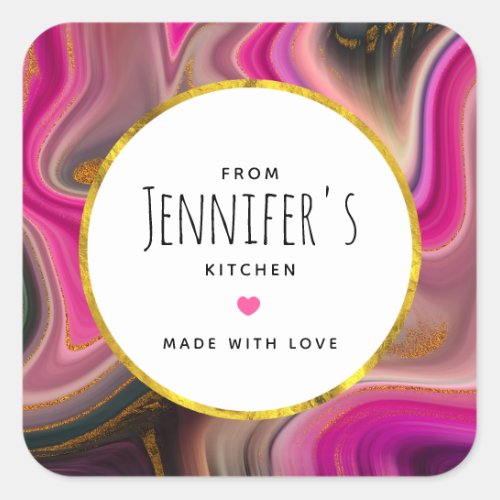 Pink and Black Abstract with Gold Swirls Kitchen Square Sticker