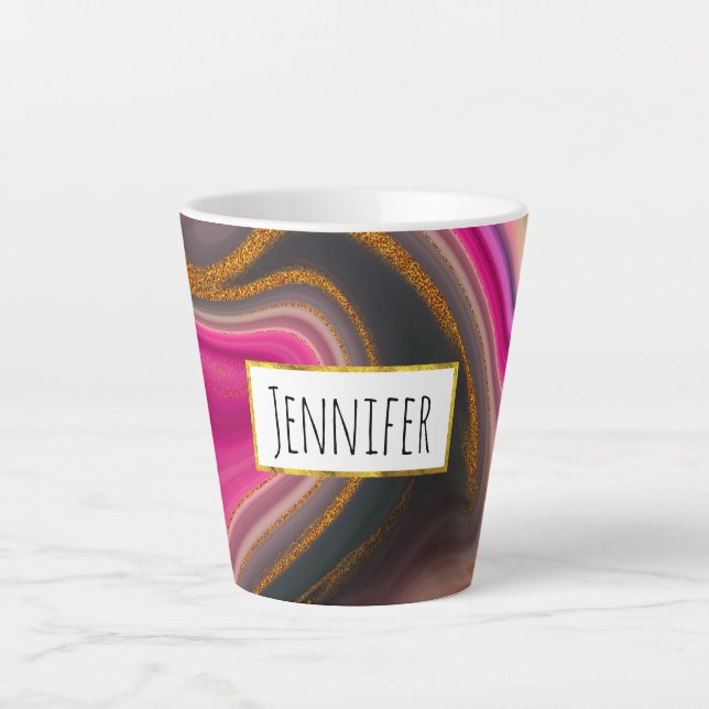 Pink and Black Abstract with Gold Swirls  Latte Mug (Front)