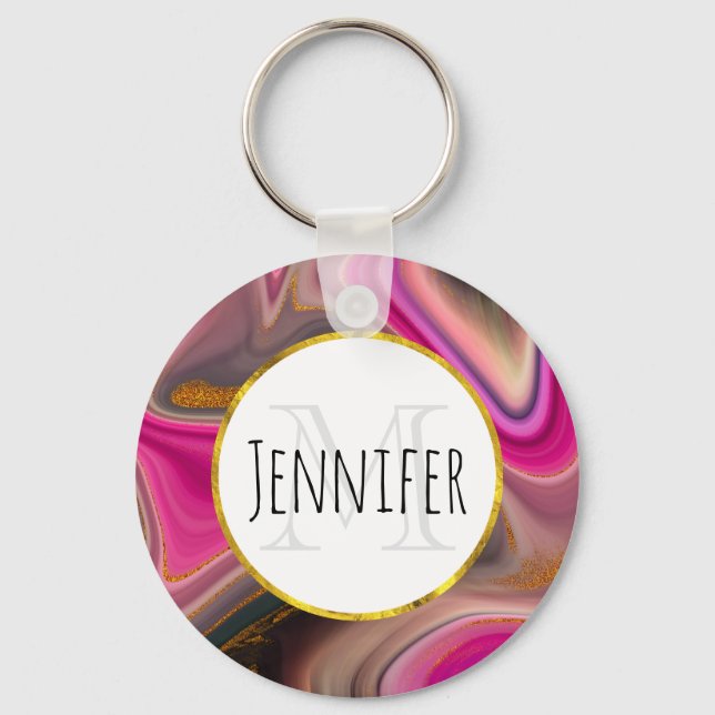 Pink and Black Abstract with Gold Swirls Monogram Keychain (Front)