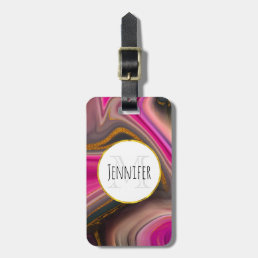 Pink and Black Abstract with Gold Swirls Monogram Luggage Tag