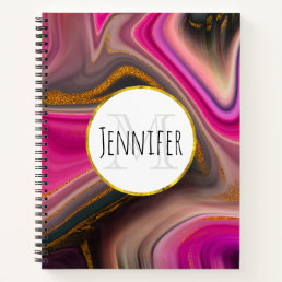 Pink and Black Abstract with Gold Swirls Monogram Notebook