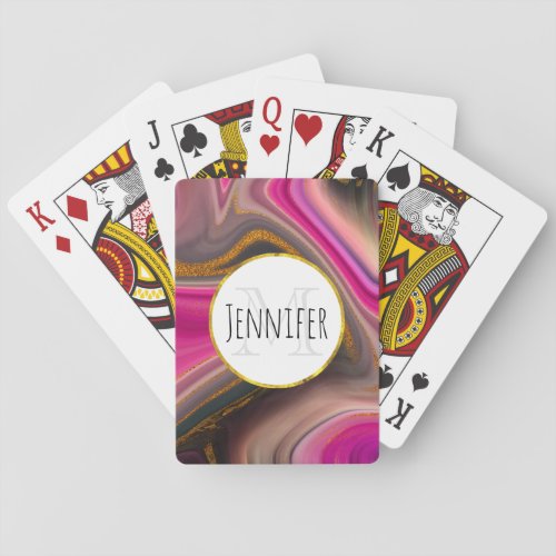 Pink and Black Abstract with Gold Swirls Monogram Poker Cards