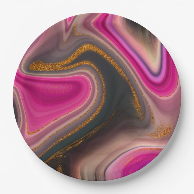 Pink and Black Abstract with Gold Swirls  Paper Plates (Front)