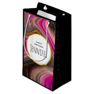 Pink and Black Abstract with Gold Swirls Small Gift Bag