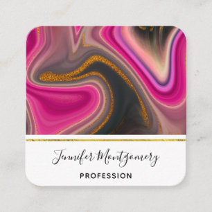 Pink and Black Abstract with Gold Swirls Square Business Card