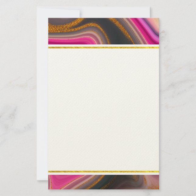 Pink and Black Abstract with Gold Swirls  Stationery (Front)