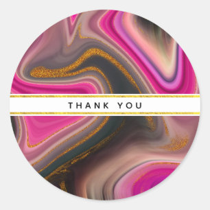 Pink and Black Abstract with Gold Swirls Thank You Classic Round Sticker