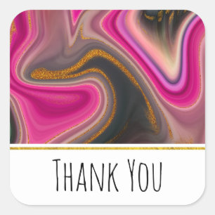 Pink and Black Abstract with Gold Swirls Thank You Square Sticker