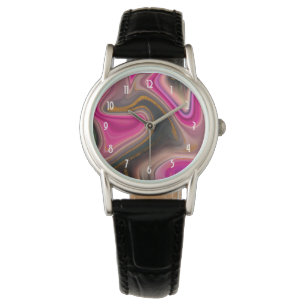 Pink and Black Abstract with Gold Swirls Watch