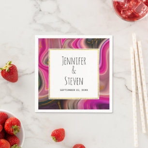 Pink and Black Abstract with Gold Swirls Wedding Napkins
