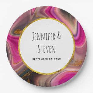 Pink and Black Abstract with Gold Swirls Wedding Paper Plates