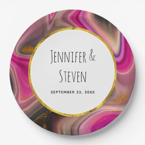 Pink and Black Abstract with Gold Swirls Wedding Paper Plates