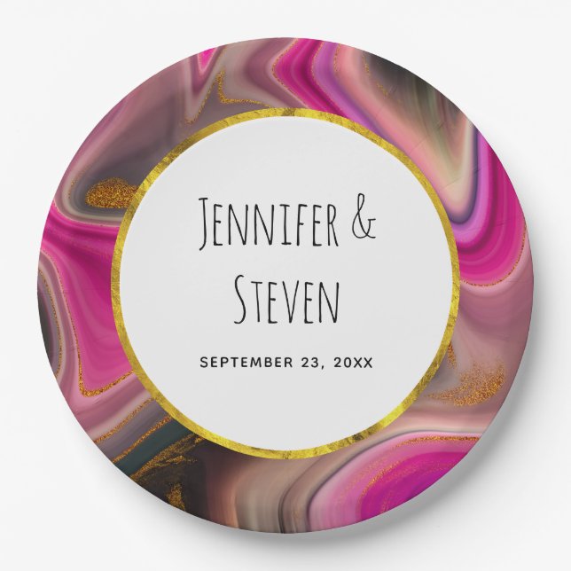 Pink and Black Abstract with Gold Swirls Wedding Paper Plates (Front)