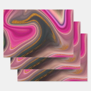 Pink and Black Abstract with Gold Swirls Wrapping Paper Sheets