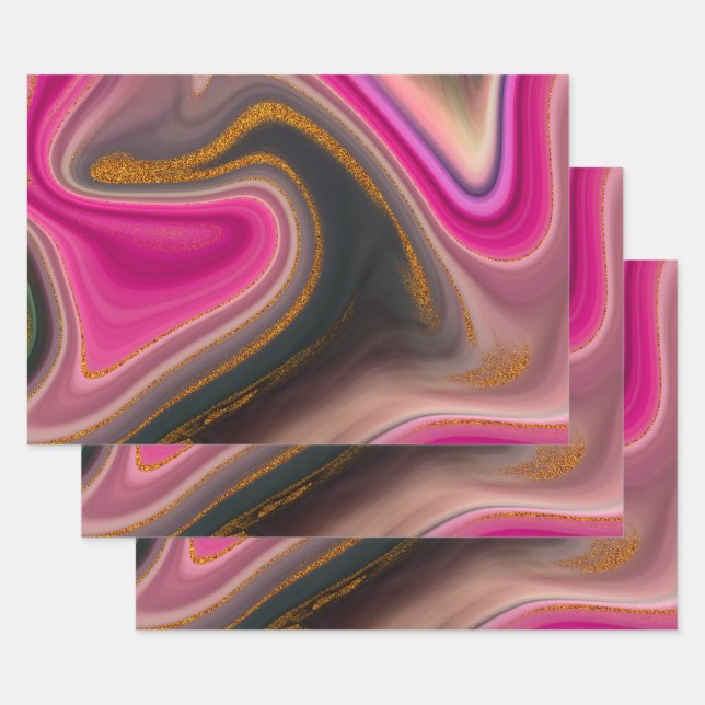 Pink and Black Abstract with Gold Swirls  Wrapping Paper Sheets (Set)