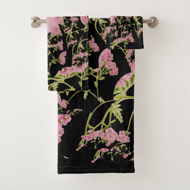 Pink and black Achillea fractal art Bath Towel Set (Insitu)