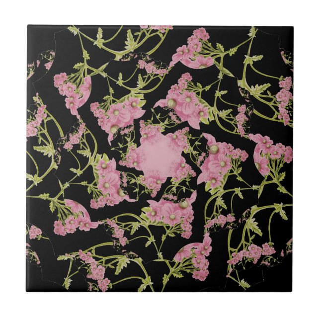 Pink and black Achillea fractal art Ceramic Tile (Front)