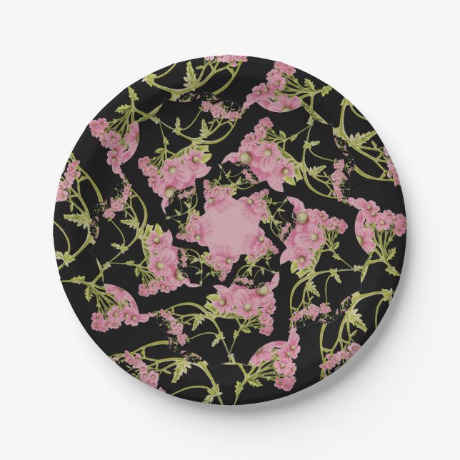Pink and black Achillea fractal art Paper Plates (Front)