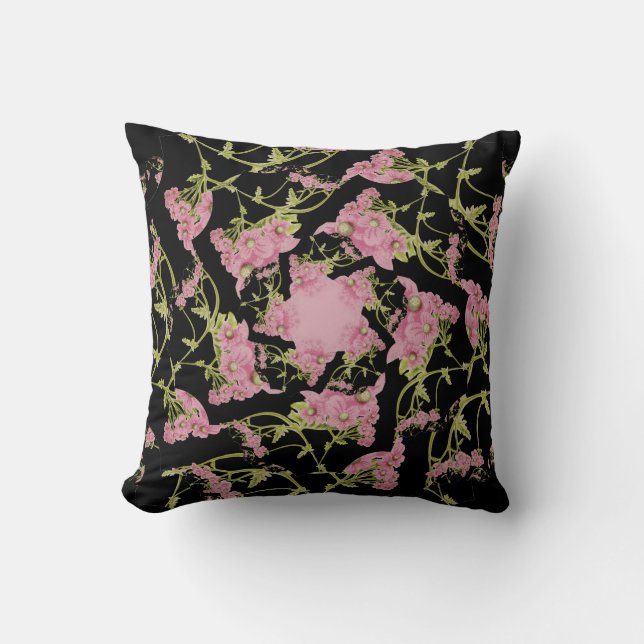 Pink and black Achillea fractal art Throw Pillow (Front)