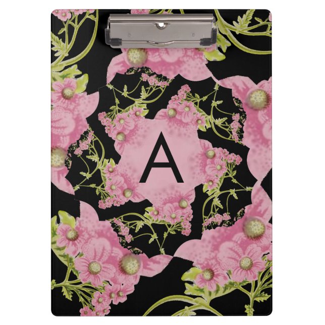 Pink and black Achillea Monogram Clipboard (Front)