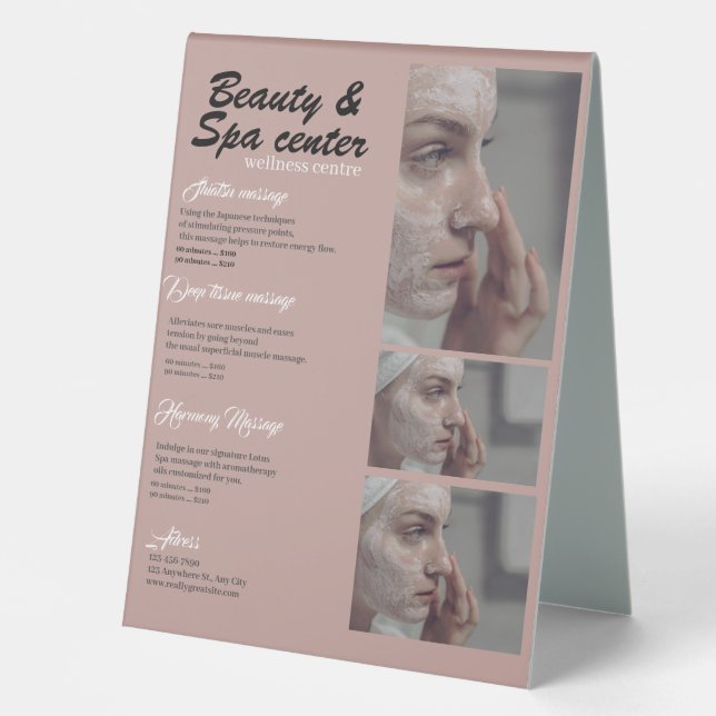 Pink and Black and white Simple Beauty & Spa Table Tent (Front)