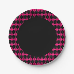 Pink and Black Argyle Checkered Party Paper Plate