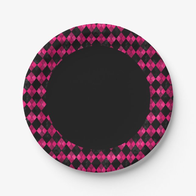 Pink and Black Argyle Checkered Party Paper Plate (Front)